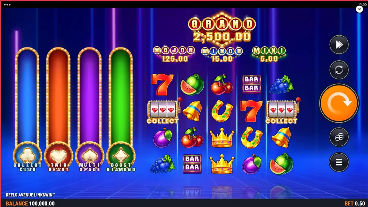 Tampilan visual futuristik dari slot Reels Avenue Link&Win dengan latar belakang neon biru.
