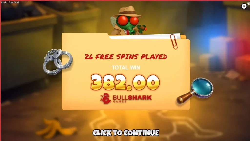 Tampilan visual slot Buzz Patrol dengan karakter lalat polisi kartun dan simbol bertema kriminal.