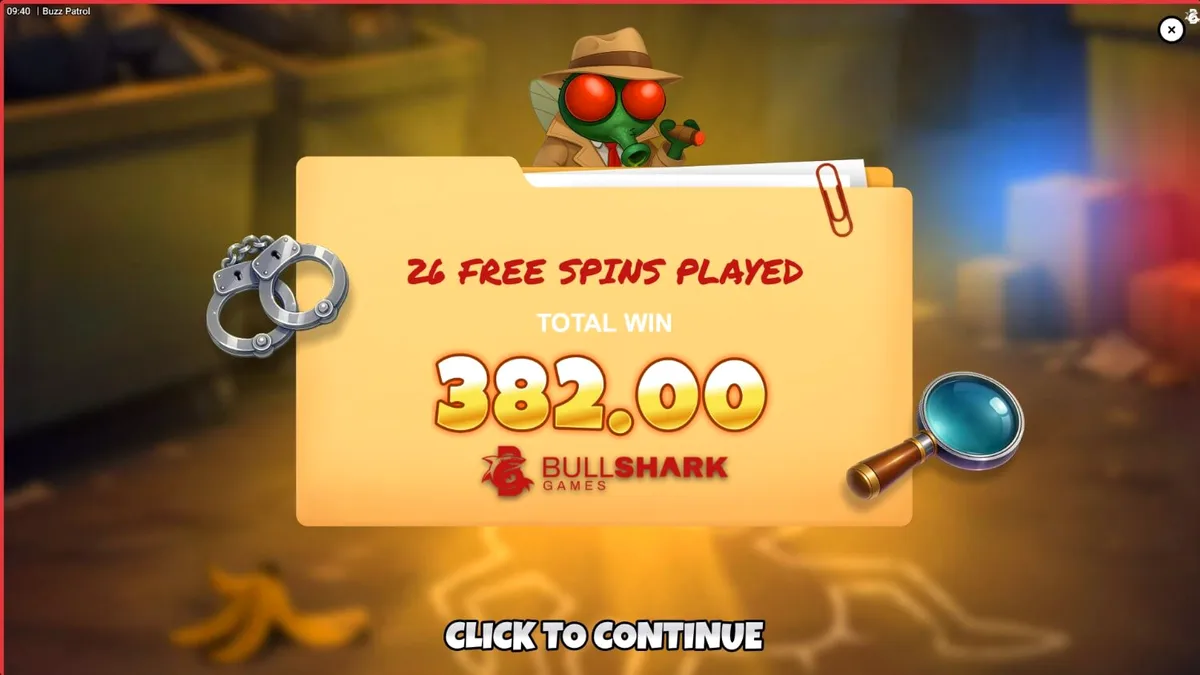 Tampilan visual slot Buzz Patrol dengan karakter lalat polisi kartun dan simbol bertema kriminal.